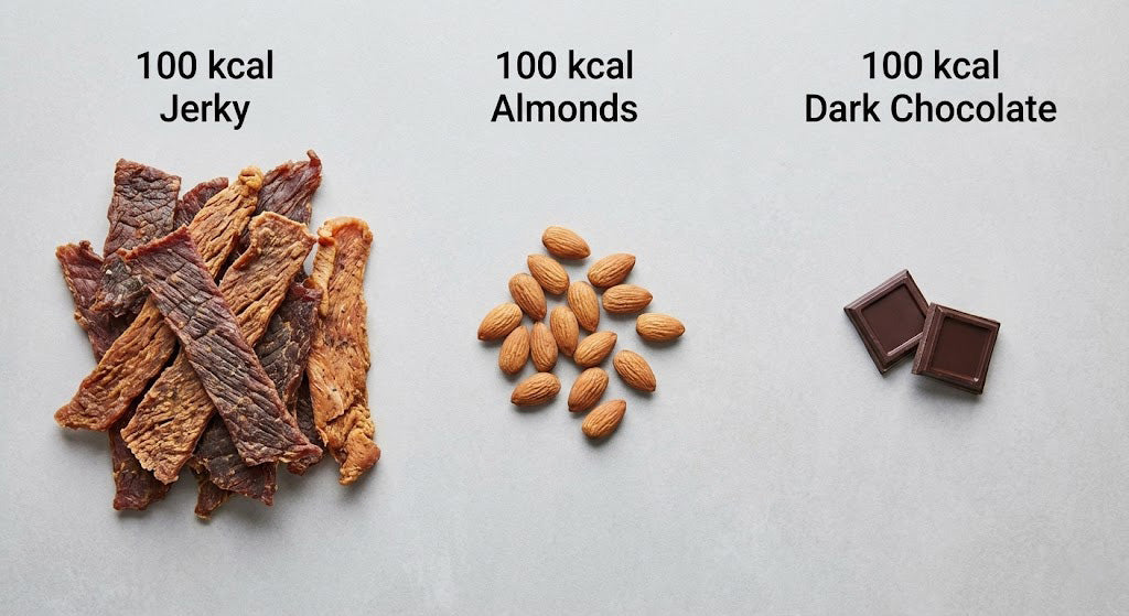 100 calorii —  Jerky vs. Nuci vs. Ciocolată (Comparație)