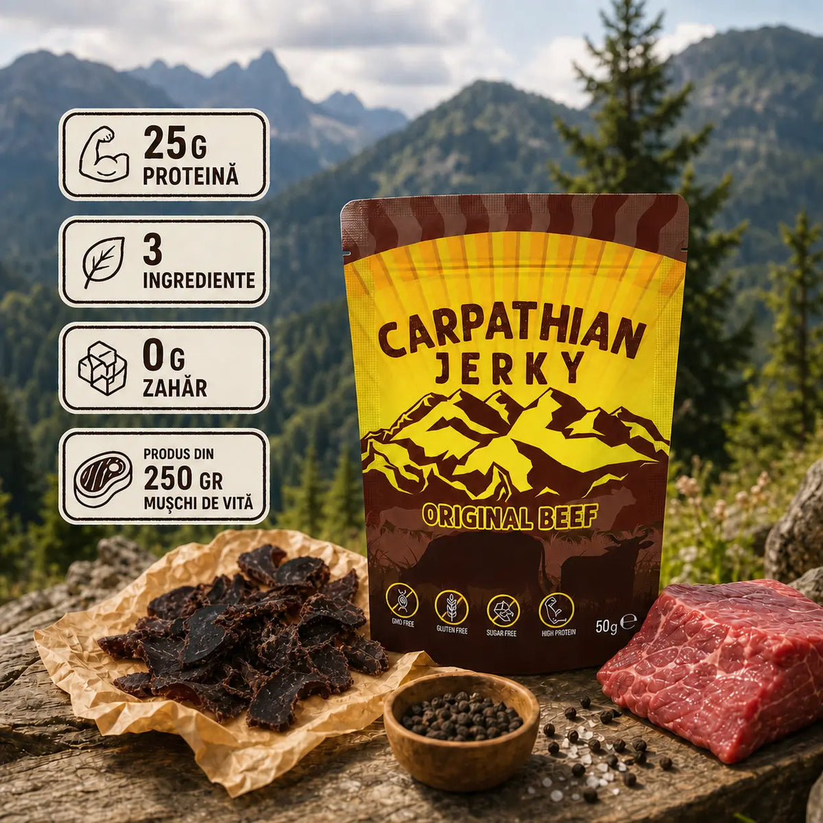 Carpathian Jerky Original Beef - pungă în peisaj montan cu badge-uri nutriție